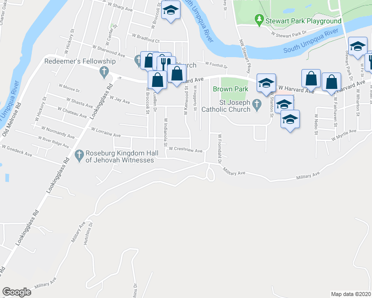 map of restaurants, bars, coffee shops, grocery stores, and more near 2421 West Crestview Avenue in Roseburg