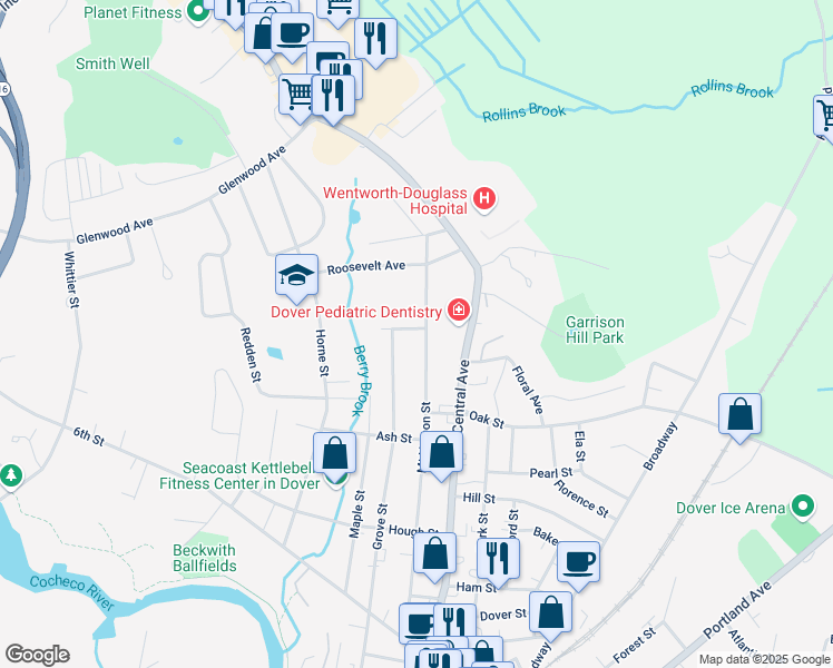 map of restaurants, bars, coffee shops, grocery stores, and more near 122 Mount Vernon Street in Dover