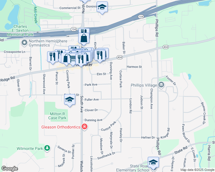 map of restaurants, bars, coffee shops, grocery stores, and more near 97 Park Avenue in Webster
