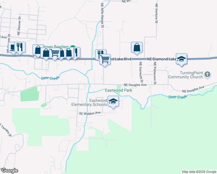 map of restaurants, bars, coffee shops, grocery stores, and more near 2674 Northeast Douglas Avenue in Roseburg