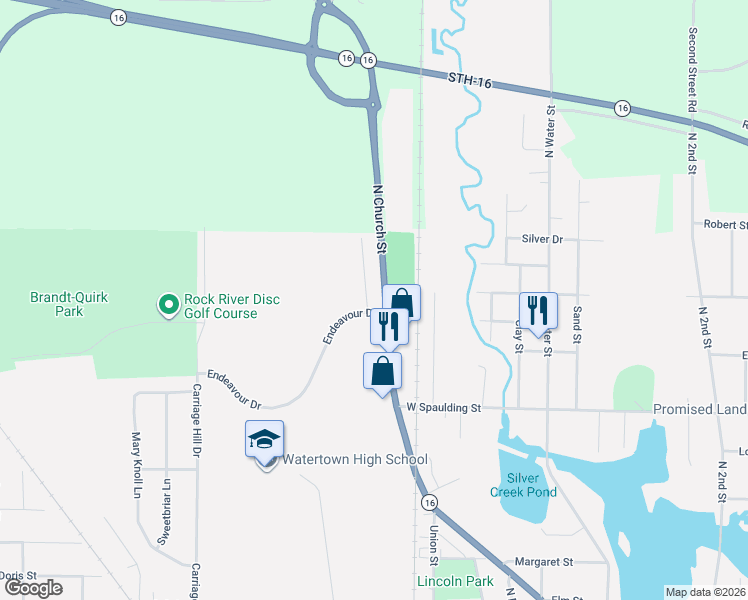 map of restaurants, bars, coffee shops, grocery stores, and more near 901 North Church Street in Watertown