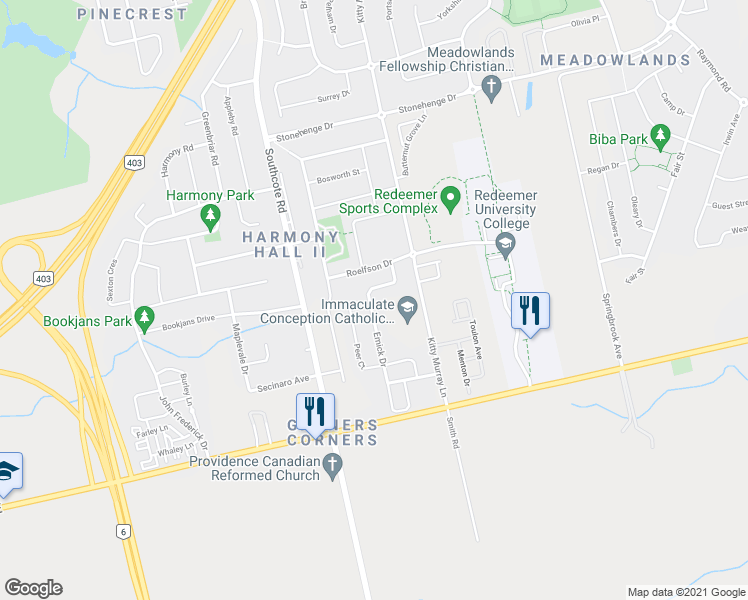 map of restaurants, bars, coffee shops, grocery stores, and more near 182 Emick Drive in Hamilton
