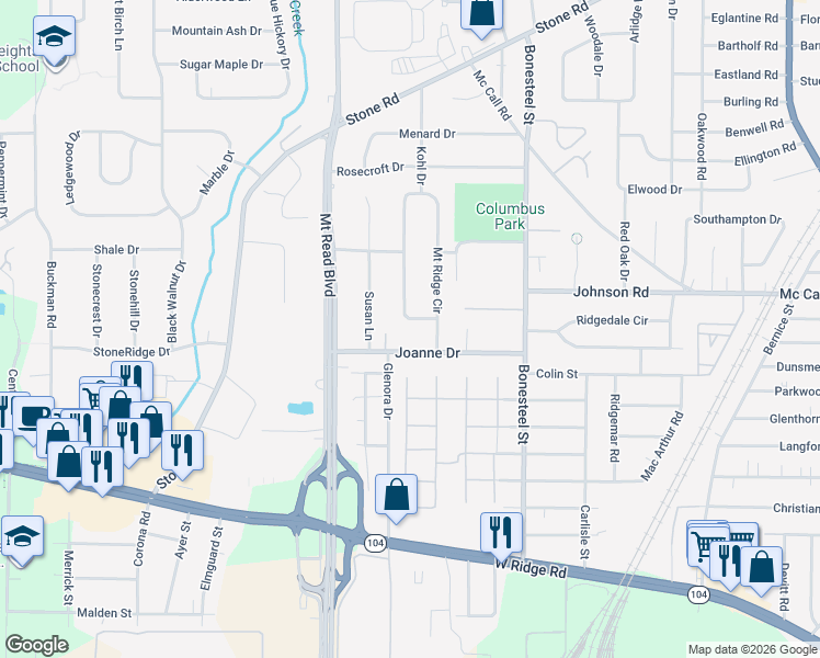 map of restaurants, bars, coffee shops, grocery stores, and more near 436 Mount Ridge Circle in Rochester