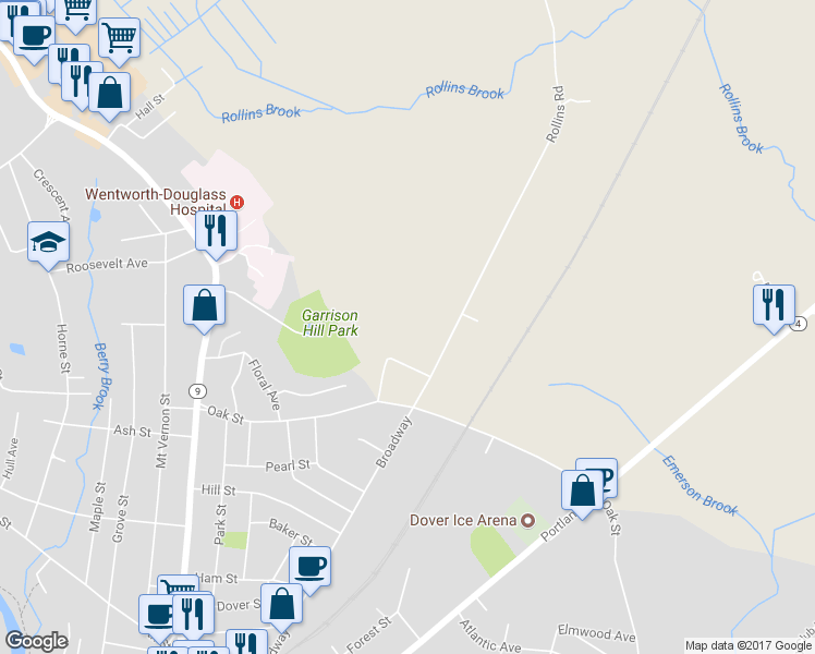 map of restaurants, bars, coffee shops, grocery stores, and more near 15 Highland Avenue in Rollinsford