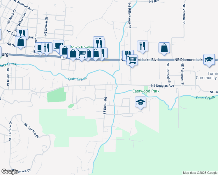 map of restaurants, bars, coffee shops, grocery stores, and more near 2164 Southeast Douglas Avenue in Roseburg