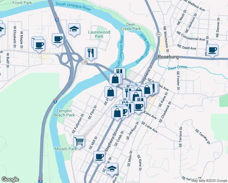 map of restaurants, bars, coffee shops, grocery stores, and more near 633 Southeast Flint Street in Roseburg