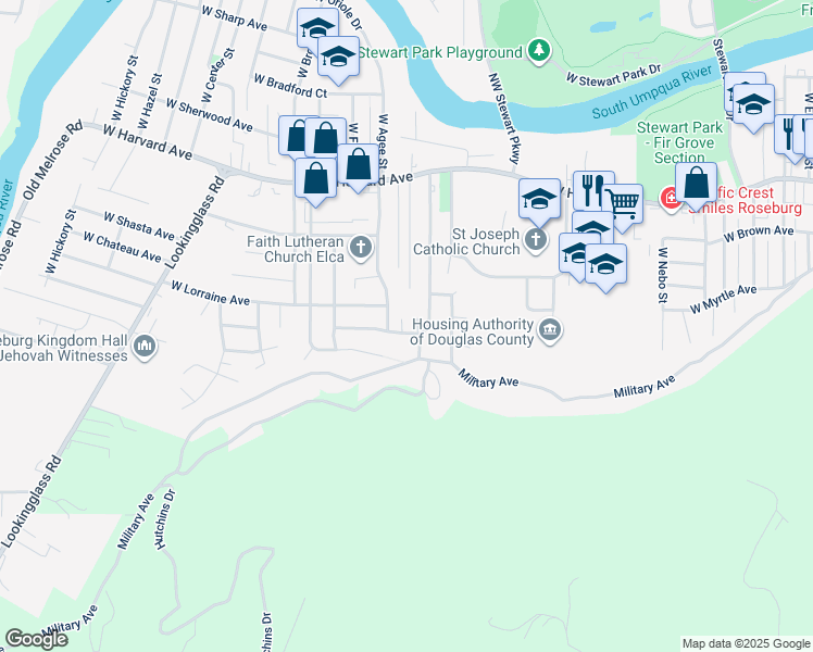 map of restaurants, bars, coffee shops, grocery stores, and more near 1025 West Kenwood Street in Roseburg