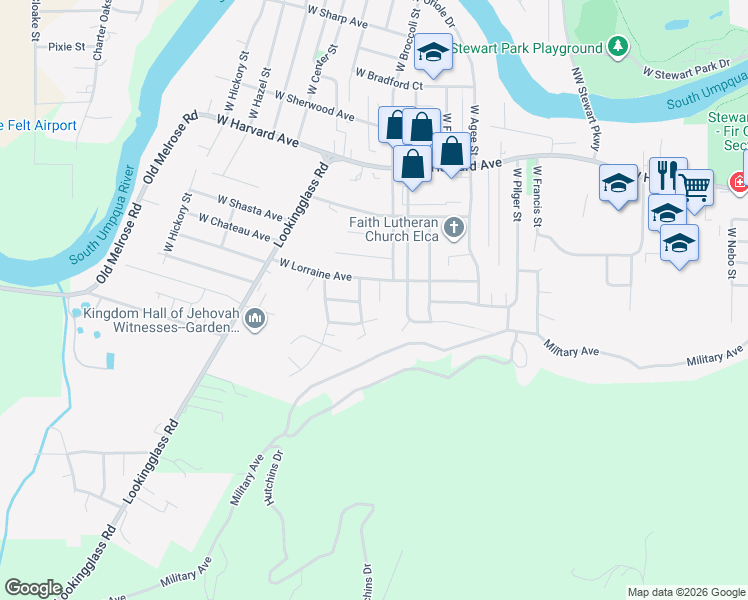 map of restaurants, bars, coffee shops, grocery stores, and more near 2749 West Lorraine Avenue in Roseburg
