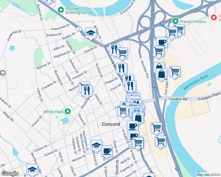 map of restaurants, bars, coffee shops, grocery stores, and more near 11 Chapel Street in Concord