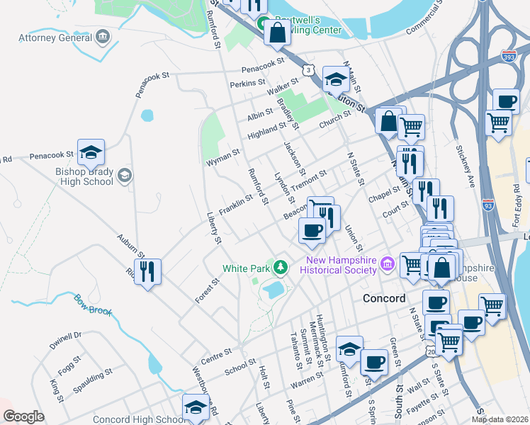 map of restaurants, bars, coffee shops, grocery stores, and more near 128 Rumford Street in Concord