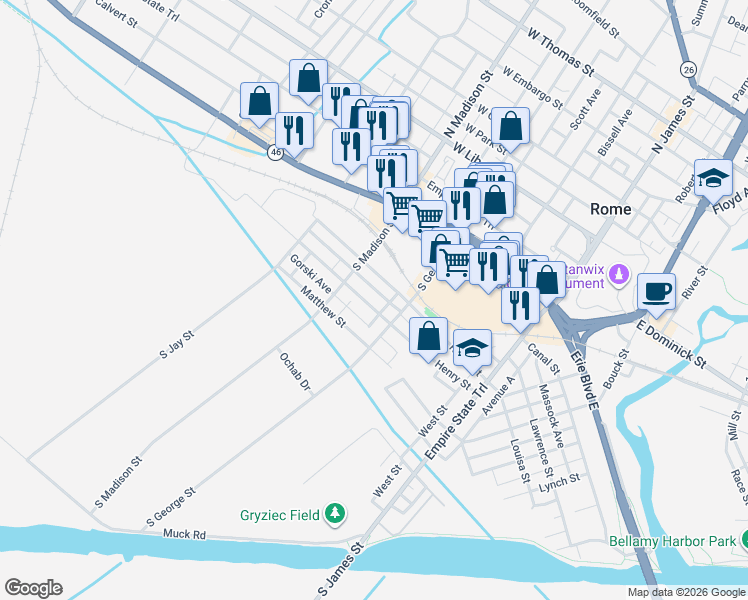 map of restaurants, bars, coffee shops, grocery stores, and more near 326 Henry Street in Rome