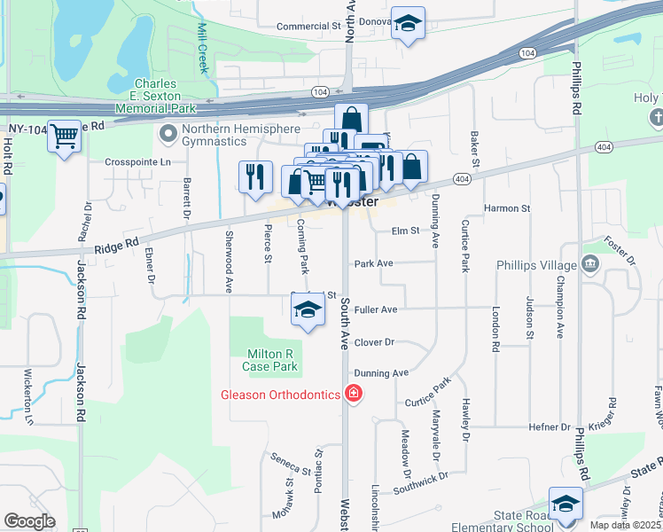 map of restaurants, bars, coffee shops, grocery stores, and more near 50 Corning Park in Webster