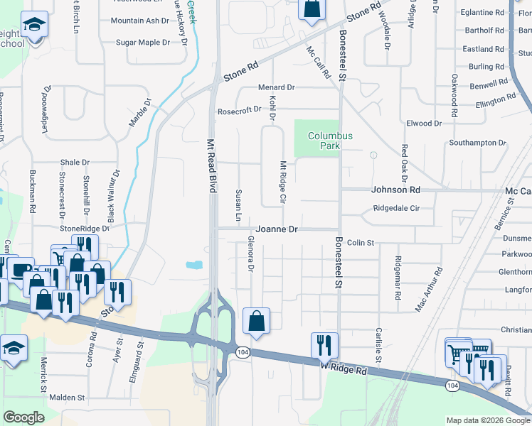 map of restaurants, bars, coffee shops, grocery stores, and more near 436 Mount Ridge Circle in Rochester