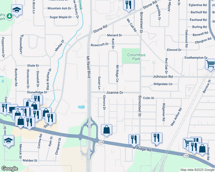 map of restaurants, bars, coffee shops, grocery stores, and more near 436 Mount Ridge Circle in Rochester