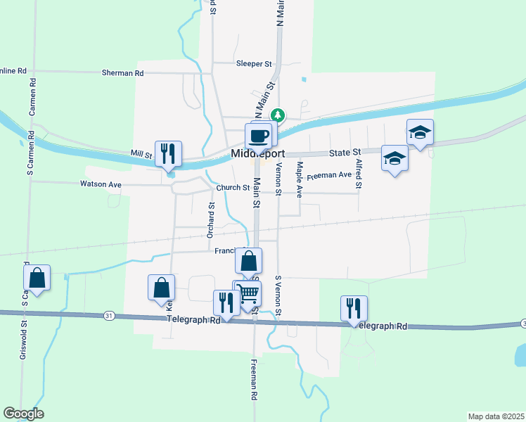 map of restaurants, bars, coffee shops, grocery stores, and more near 8 Park Avenue in Middleport