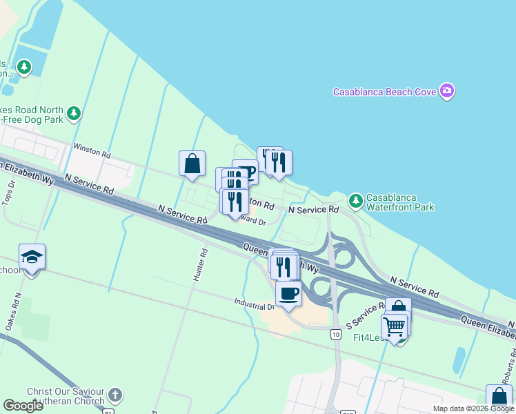 map of restaurants, bars, coffee shops, grocery stores, and more near 53 Esplanade Lane in Grimsby