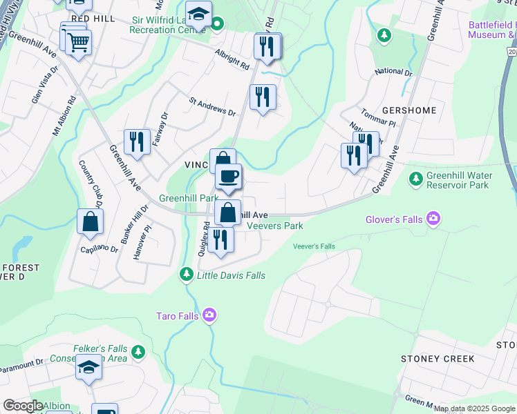 map of restaurants, bars, coffee shops, grocery stores, and more near 22 Ambrose Avenue in Hamilton