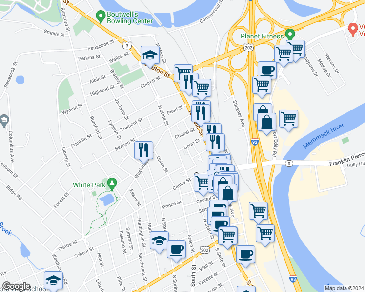 map of restaurants, bars, coffee shops, grocery stores, and more near 11 Chapel Street in Concord