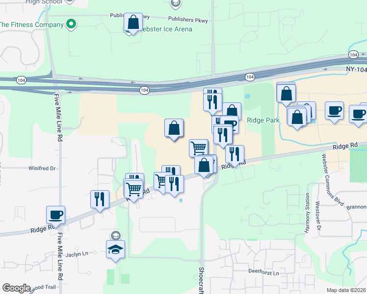 map of restaurants, bars, coffee shops, grocery stores, and more near 950 Ridge Road in Webster