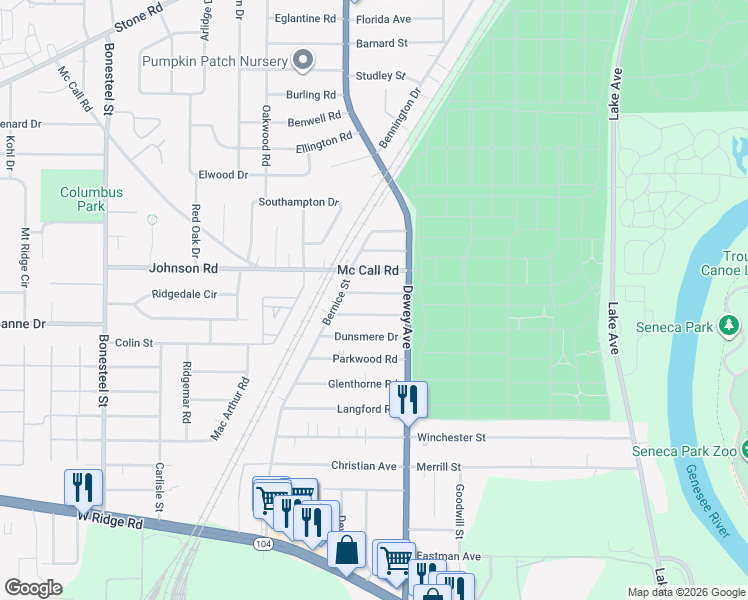 map of restaurants, bars, coffee shops, grocery stores, and more near 44 Morville Drive in Rochester