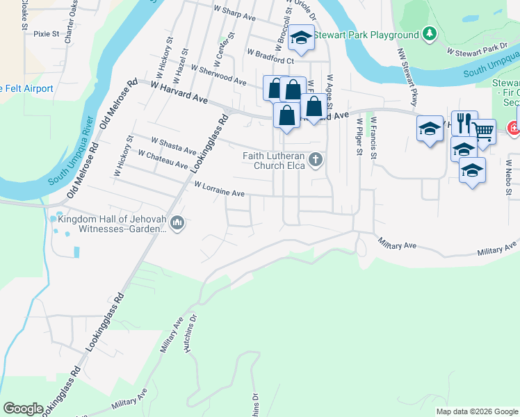 map of restaurants, bars, coffee shops, grocery stores, and more near 2749 West Lorraine Avenue in Roseburg