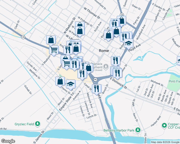 map of restaurants, bars, coffee shops, grocery stores, and more near 201-3-5 South James Street in Rome