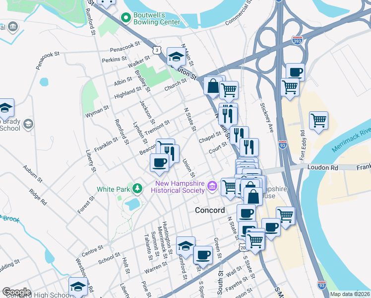 map of restaurants, bars, coffee shops, grocery stores, and more near 46 Washington Street in Concord