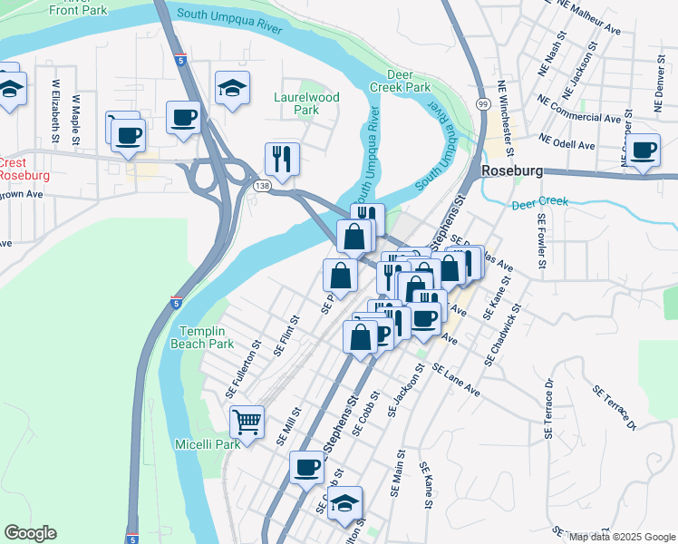 map of restaurants, bars, coffee shops, grocery stores, and more near 652 Southeast Parrott Street in Roseburg