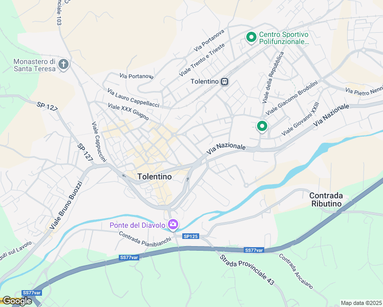 map of restaurants, bars, coffee shops, grocery stores, and more near 15 Viale Cesare Battisti in Tolentino