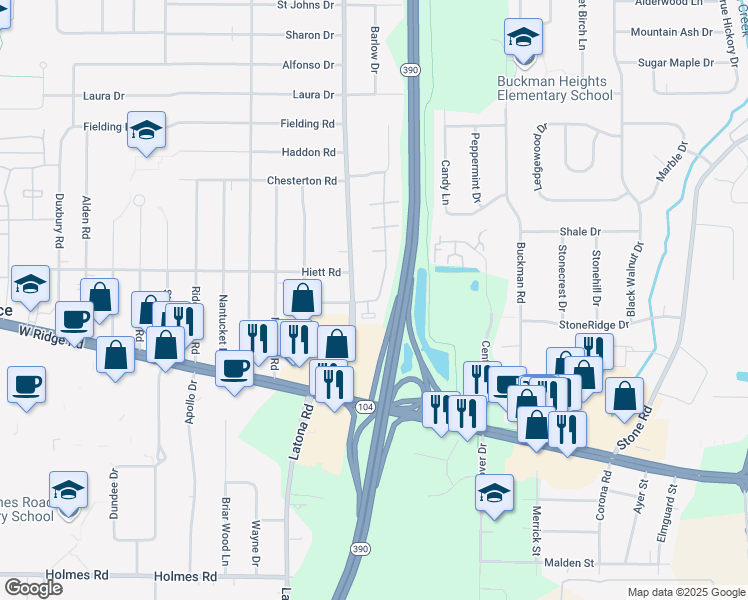 map of restaurants, bars, coffee shops, grocery stores, and more near 179 Kingsberry Drive in Rochester