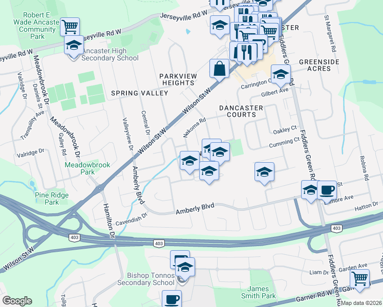 map of restaurants, bars, coffee shops, grocery stores, and more near 235 Nakoma Road in Hamilton