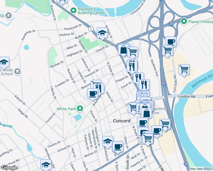 map of restaurants, bars, coffee shops, grocery stores, and more near 46 Washington Street in Concord