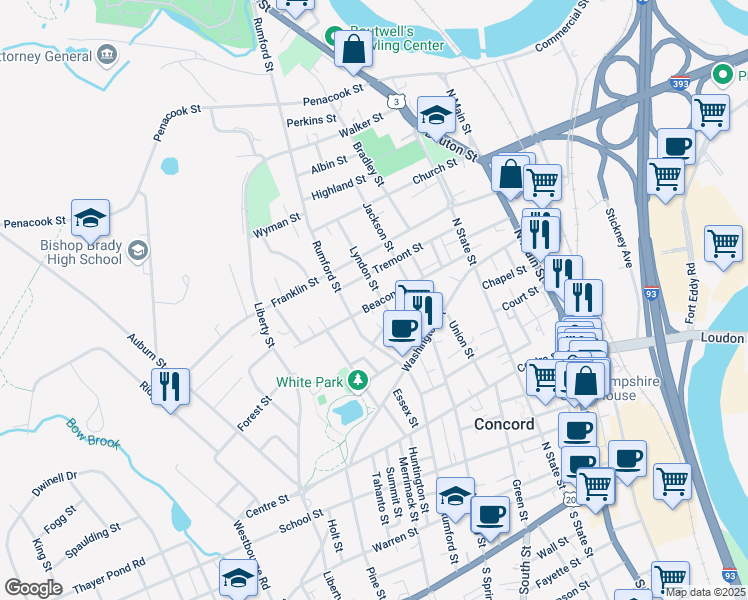 map of restaurants, bars, coffee shops, grocery stores, and more near 29 Lyndon Street in Concord