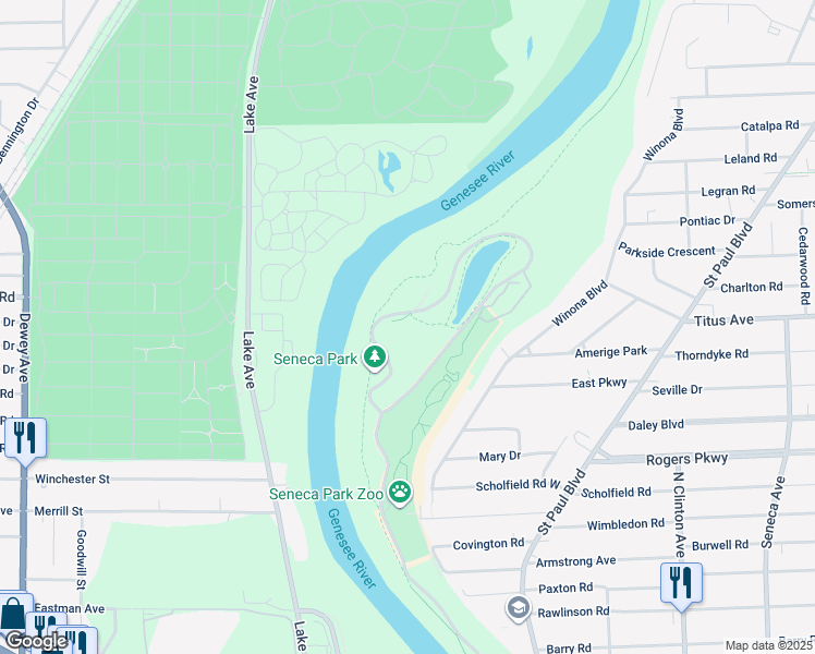 map of restaurants, bars, coffee shops, grocery stores, and more near 2222 Saint Paul Street in Rochester