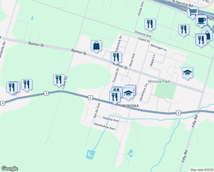 map of restaurants, bars, coffee shops, grocery stores, and more near 107 Starfire Crescent in Hamilton