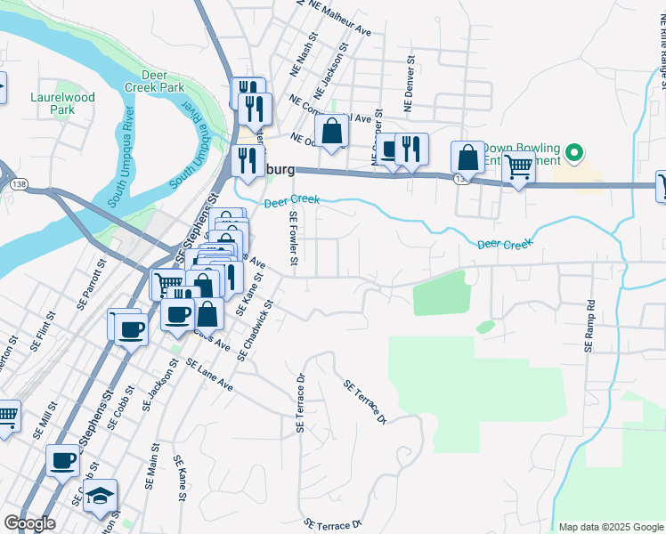 map of restaurants, bars, coffee shops, grocery stores, and more near 374 Southeast Ella Street in Roseburg