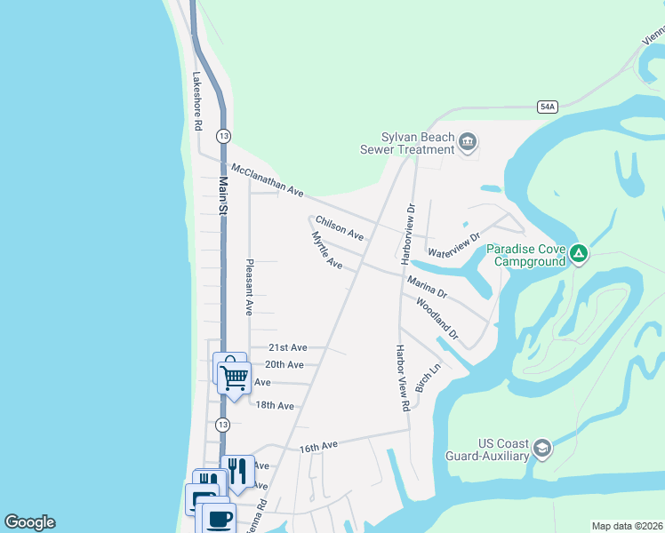map of restaurants, bars, coffee shops, grocery stores, and more near 699 Myrtle Avenue in Sylvan Beach