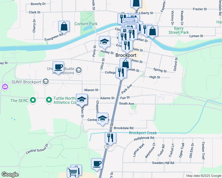 map of restaurants, bars, coffee shops, grocery stores, and more near 222 Main Street South in Brockport