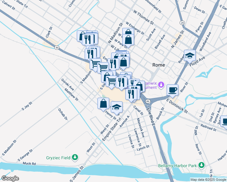 map of restaurants, bars, coffee shops, grocery stores, and more near 119-189 South George Street in Rome