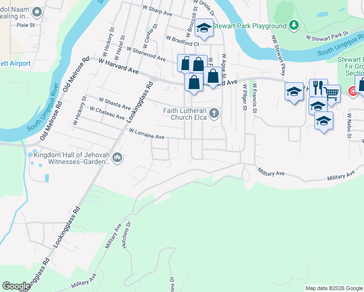 map of restaurants, bars, coffee shops, grocery stores, and more near 2731 West Lorraine Avenue in Roseburg