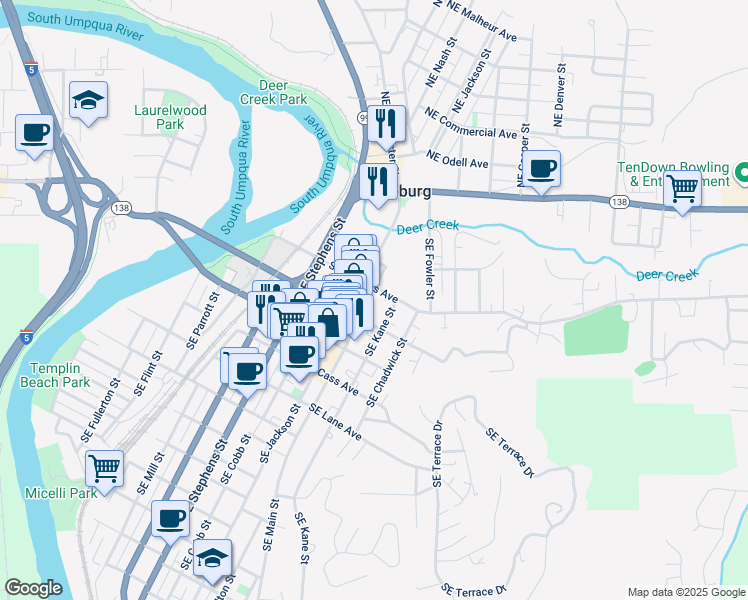 map of restaurants, bars, coffee shops, grocery stores, and more near 421 Southeast Main Street in Roseburg