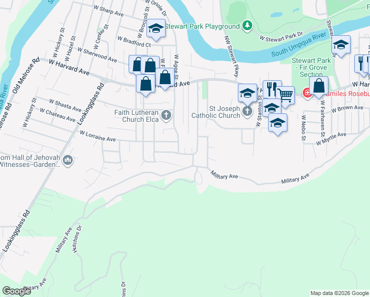 map of restaurants, bars, coffee shops, grocery stores, and more near 2342 West Crestview Avenue in Roseburg