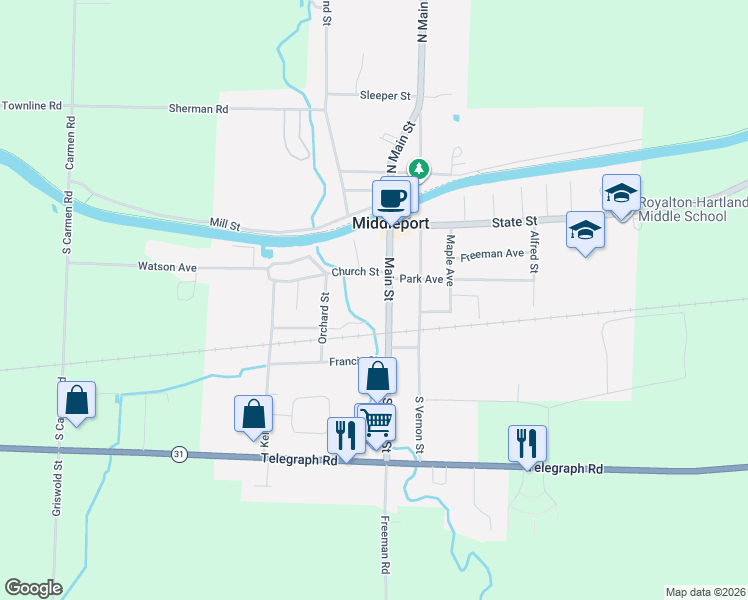 map of restaurants, bars, coffee shops, grocery stores, and more near 52 Main Street in Middleport