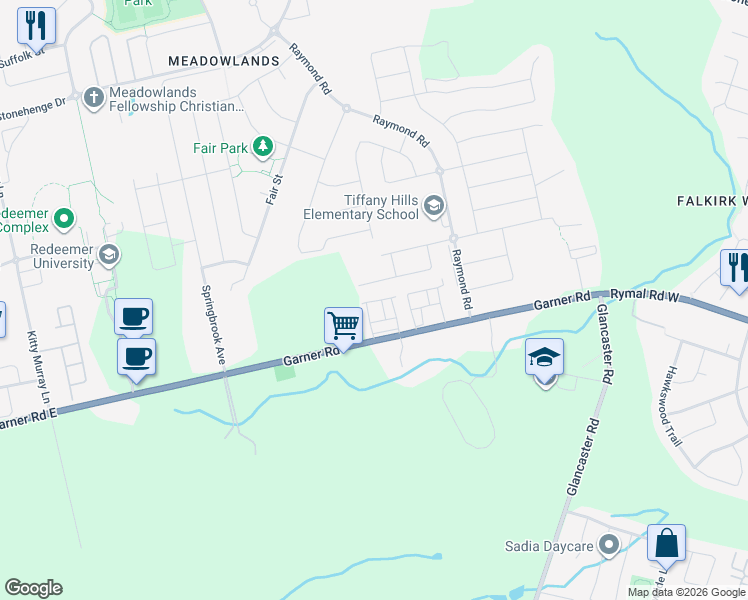 map of restaurants, bars, coffee shops, grocery stores, and more near Dresser Lane in Hamilton