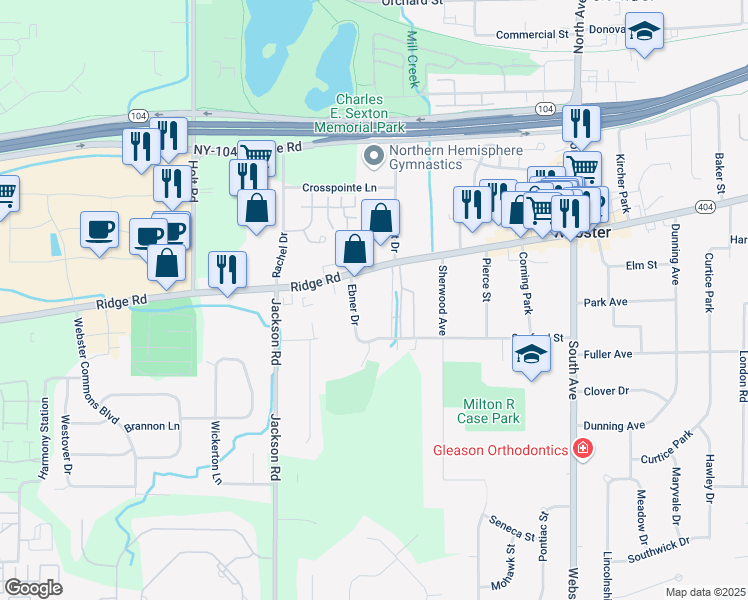 map of restaurants, bars, coffee shops, grocery stores, and more near 976 Ebner Drive in Webster