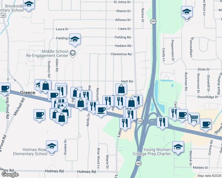 map of restaurants, bars, coffee shops, grocery stores, and more near 142 Newton Road in Rochester