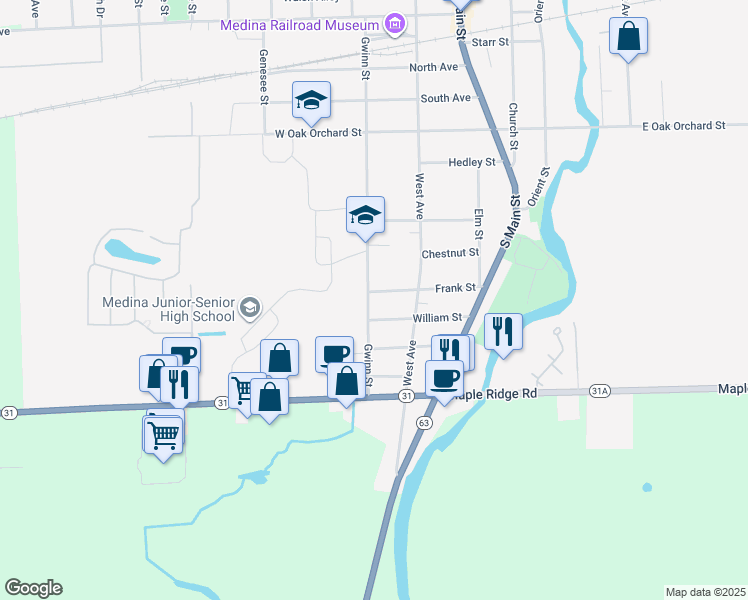 map of restaurants, bars, coffee shops, grocery stores, and more near 214 Frank Street in Medina
