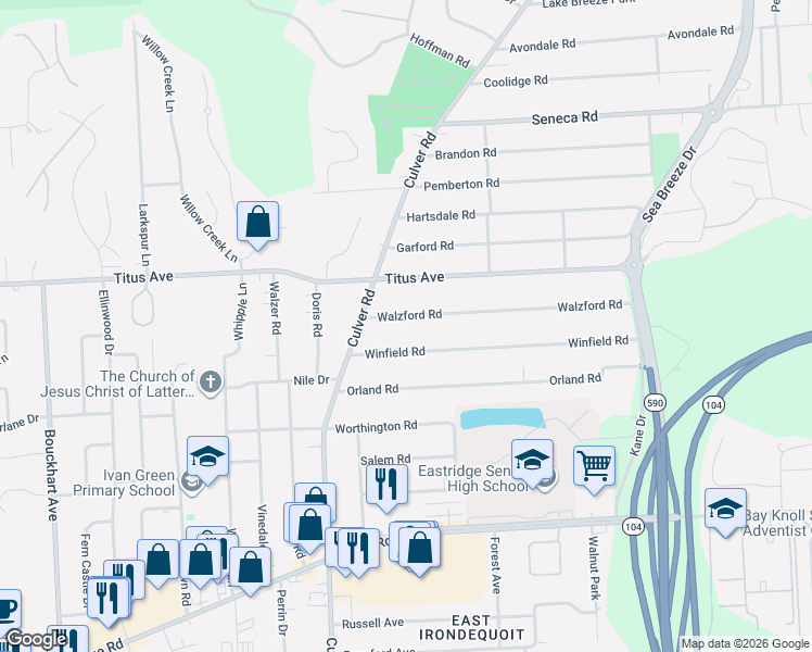 map of restaurants, bars, coffee shops, grocery stores, and more near 56 Walzford Road in Rochester