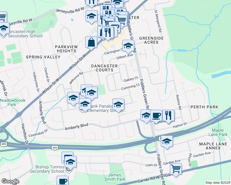 map of restaurants, bars, coffee shops, grocery stores, and more near 82 Cumming Court in Hamilton