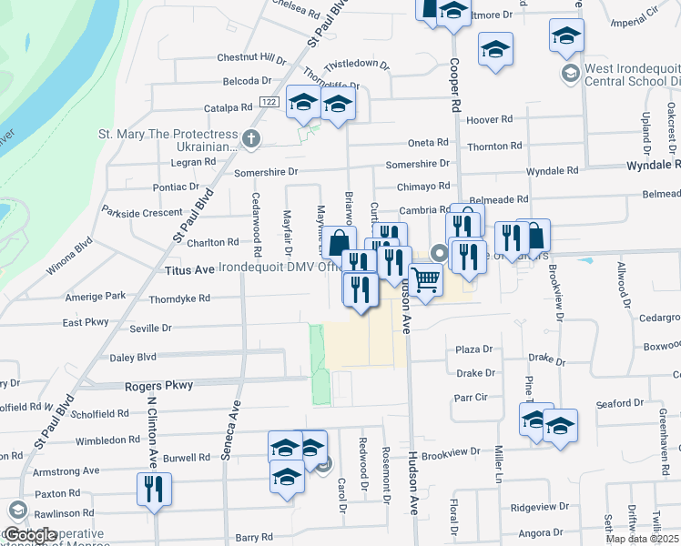 map of restaurants, bars, coffee shops, grocery stores, and more near 490 County Road 91 in Irondequoit